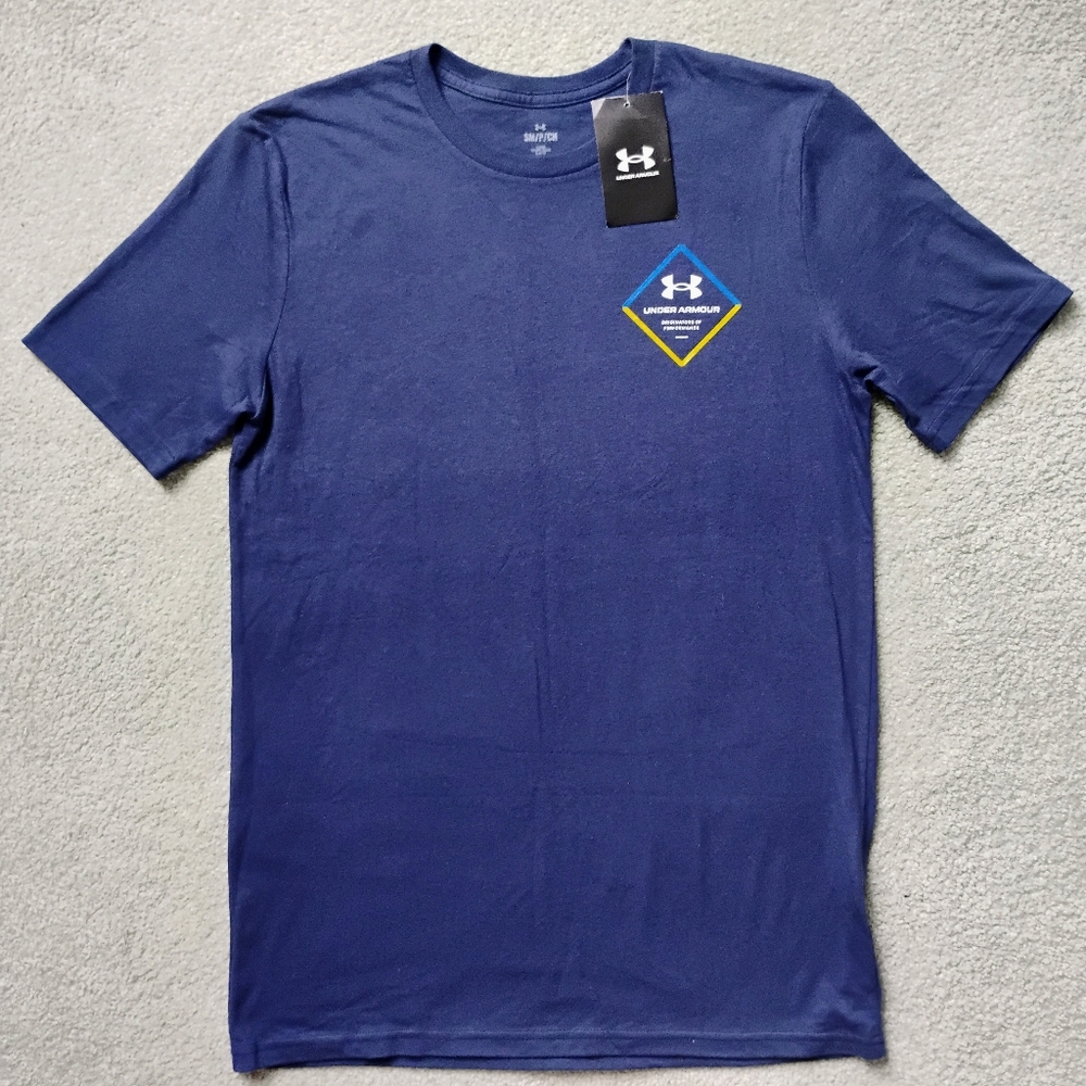 NWT S UA Engineered Mountain SS Navy Blue Crew Tee Loose Fit NEW